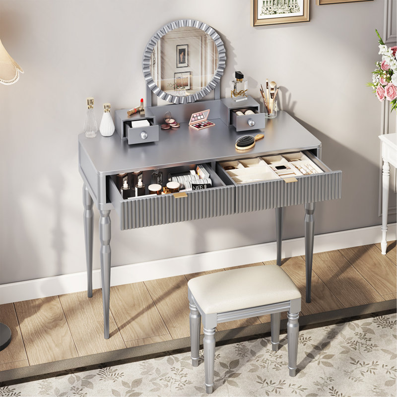 Bureau de coiffeuse de luxe avec miroir rond, hauteur réglable, coiffeuse, tabouret 4 tiroirs, argent