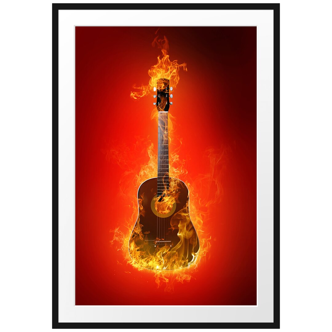 Gerahmtes Poster Brennende Gitarre Heiße Flammen