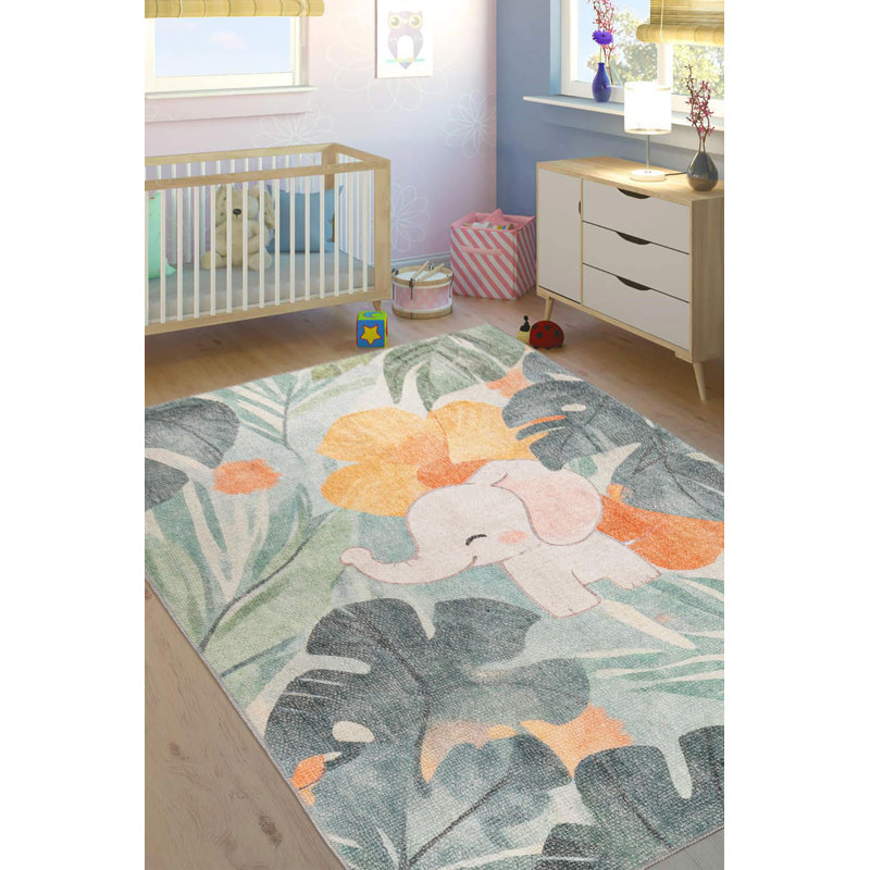 Minor Elephant Patterned Woven Base Decorative Kids Room Rug, Rectangle 4'7" x 6'3"
