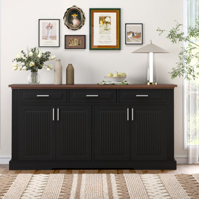 63" Fluted Coffee Bar Station, Black Sideboard With Ample Storage, 4 Doors And 3 Drawers, Smooth Drawer Slides, High - Quality Hinge In Black, Two Tone Design, Adjustable Shelves,