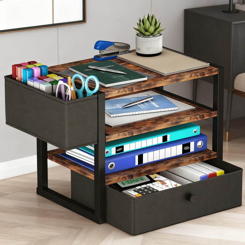 Organisateur de bureau à 4 niveaux avec plateau à papier coulissant, tiroir en tissu et porte-stylos, accessoire de bureau pour la gestion des documents et le rangement des fournitures