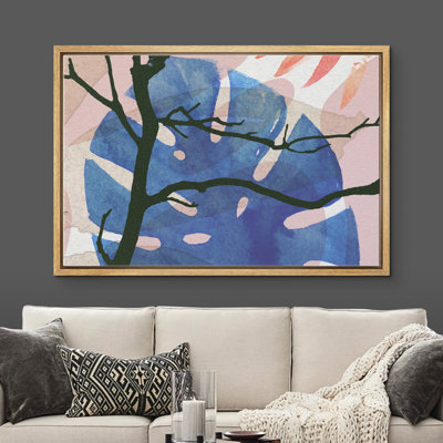 «Tree Silhouette And A Large Monstera Leaf», peinture sur toile à cadre flottant