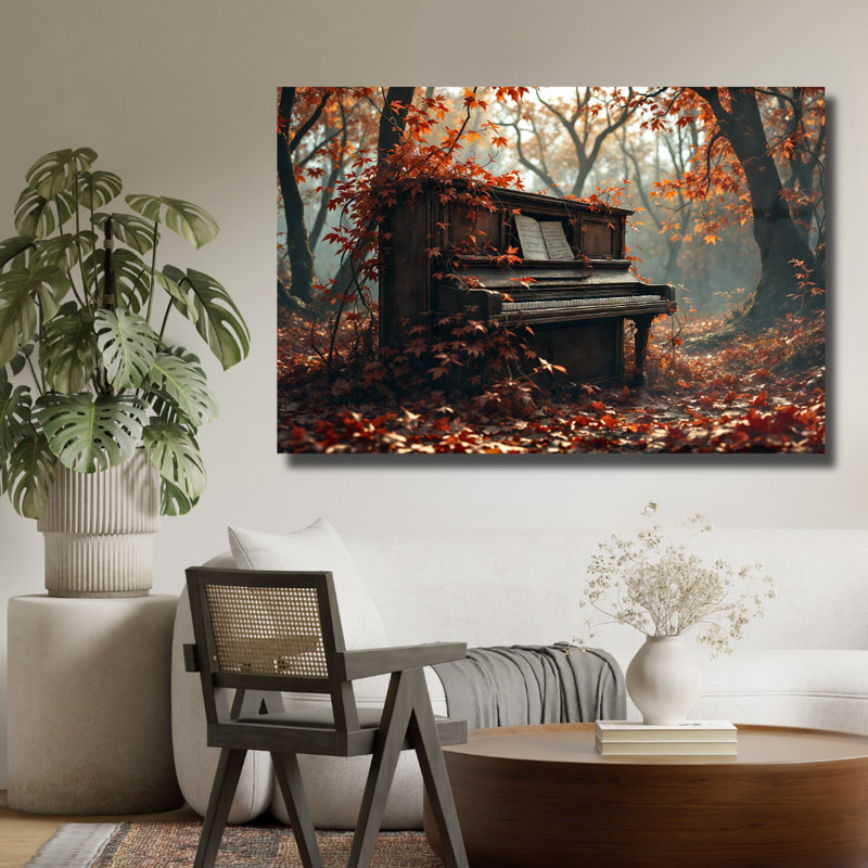 «Piano in Fall Forest», art mural en verre trempé, 20" H x 30" W