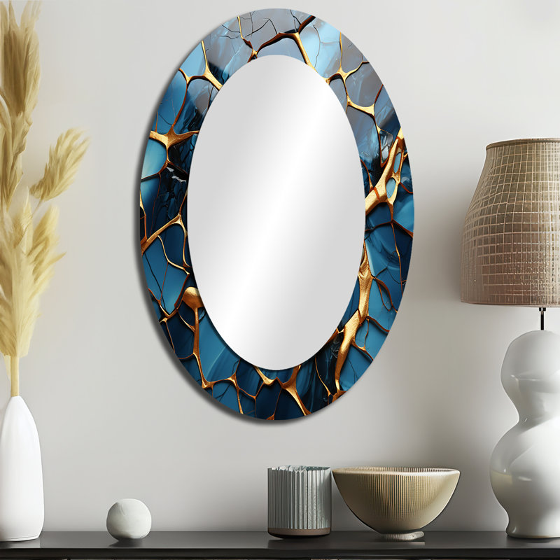 Miroir mural ovale doré et bleu en mosaïque agate I, 36" H x 24" W