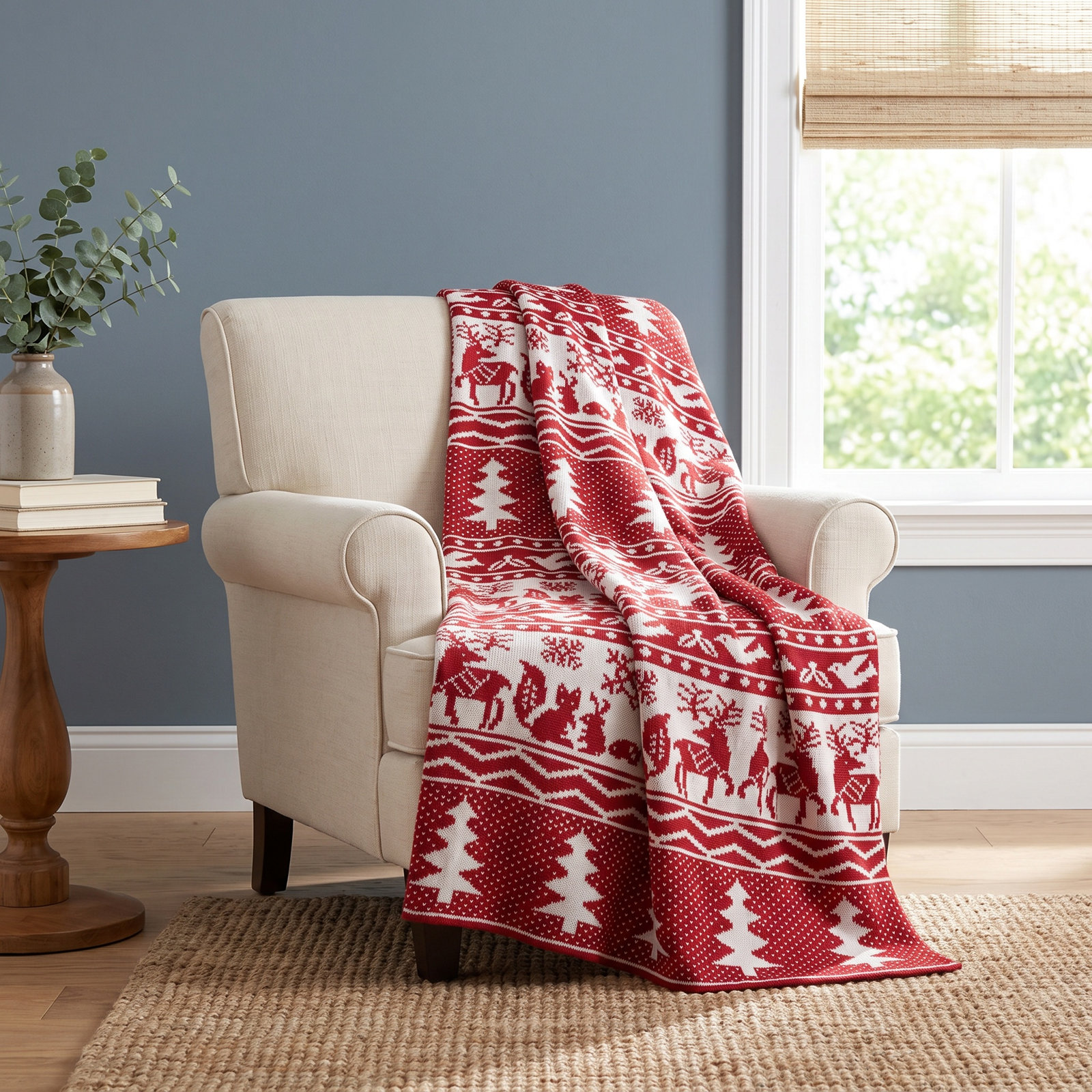 Reindeer & Christmas Tree Knit Throw, Winter Woodland