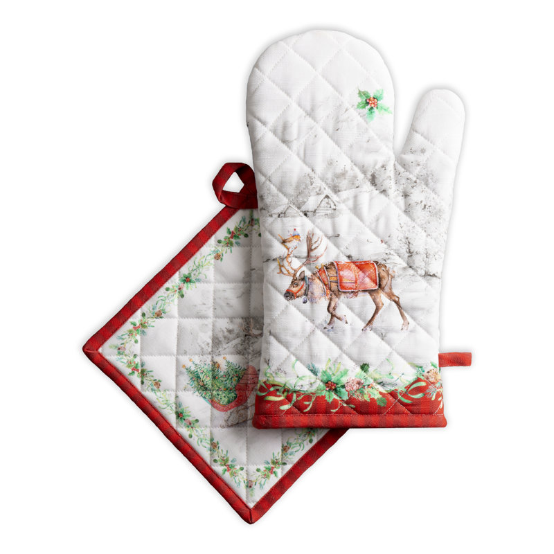 Maison d'Hermine Tradition de Noël Gants de cuisine et maniques 100 % coton - 19 x 33 cm et 20 x 20 cm