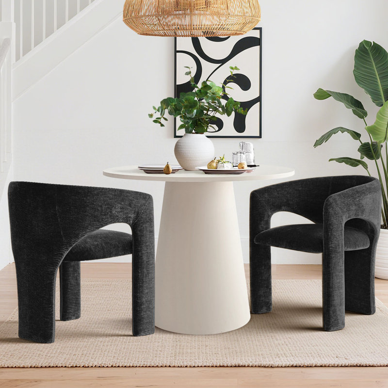 35" Round Pedestal Dining Set With Upholstered Chairs, Black, White