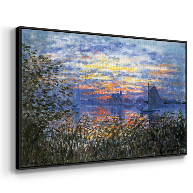 " Sunset On The Seine " by Claude Monet, Black Floater Framed Canvas, 25" H x 37" W x 2" D