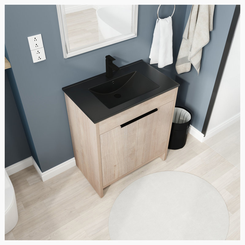 Ensemble de meuble-lavabo simple avec plateau en céramique Eniya, Chêne clair uni