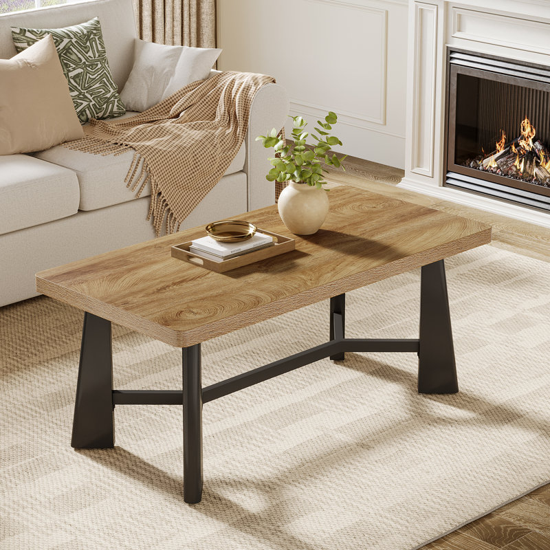 Grande table basse de 47,2 po avec pieds noirs robustes et base à barre transversale, grande table centrale moderne pour le salon, assemblage rapide en 15 minutes