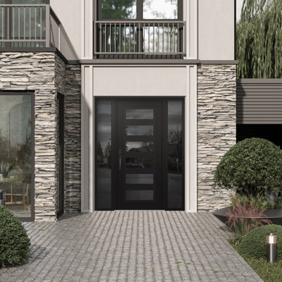 C9 Right-Hand 64 In. X 80 In. Panel Black Steel Black And Black Mirrored Glass With 2 Sidelites Mirrored Glass Prehung Front Entry Door