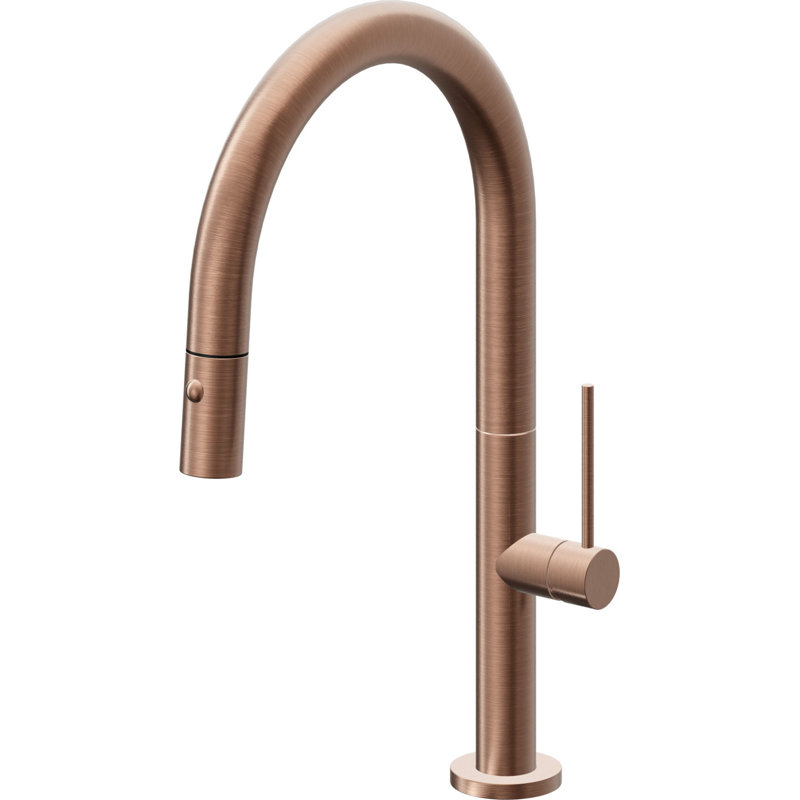 Poetto Pull Down Kitchen Faucet With Button Sprayer Low Arc Spout, Antique Copper Flat