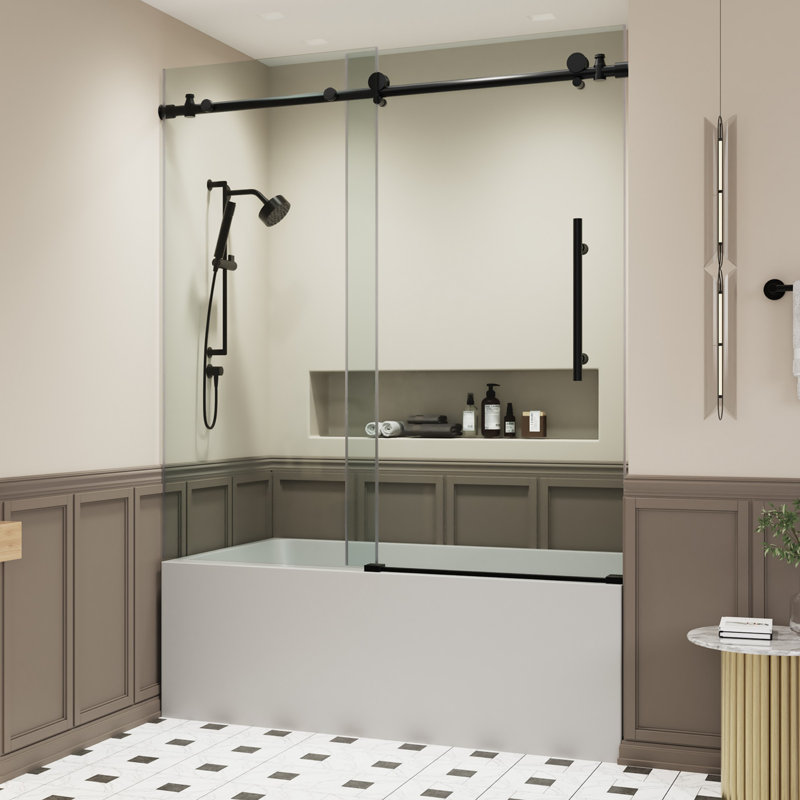 Matte Black Frameless Sliding Glass Shower Doors with Stainless Steel Hardware