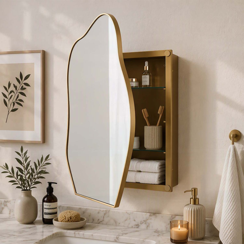 Armoire de toilette à miroir en forme de nuage irrégulier (33,5 x 22 cm) avec étagères en verre ajustables et cadre en métal doré mat, idéale pour la salle de bain et l'entrée.