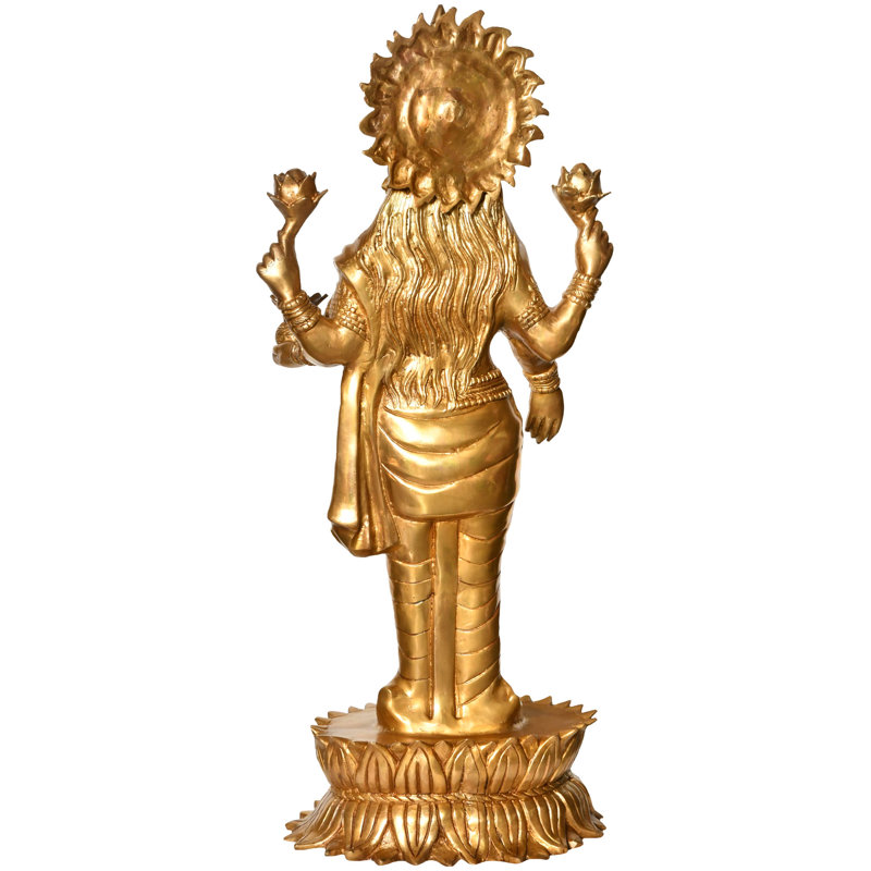 39" Large Goddess Lakshmi Brass Sculpture on Lotus Pedestal - Handcrafted Indian Wealth Deity Standing Statue for Grand Home Temple, Palace Decor & Prosperity Art
