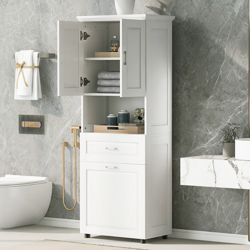 Tall Bathroom Cabinet with Laundry Basket, White