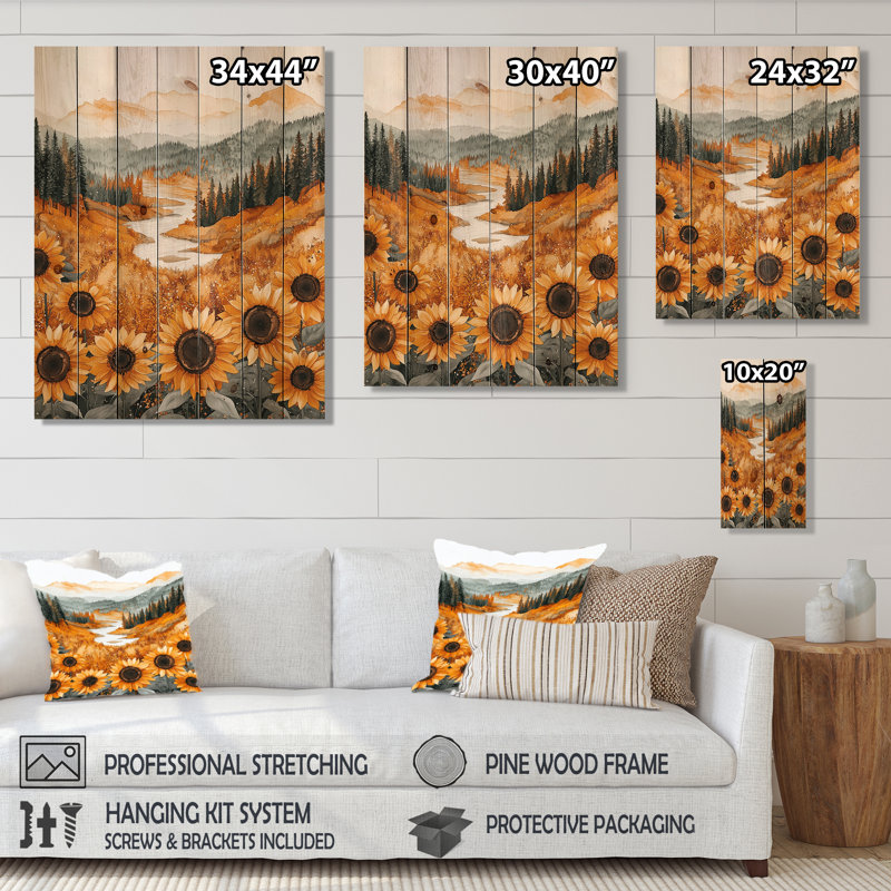 Autumn Sunflowers Field Into The Woods I - Sunflowers Wood Wall Decor - On Natural Pine Wood, 20" H x 10" W x 0.78" D