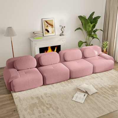 Canapé modulaire en velours côtelé 4 places avec design doux et moderne rose poudré sans assemblage pour les salons et les chambres