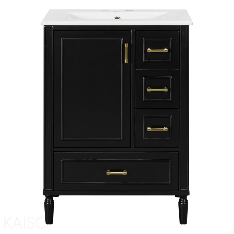  Meuble-lavabo 24 po avec lavabo en céramique et porte à fermeture douce et 3 tiroirs - noir, Noir