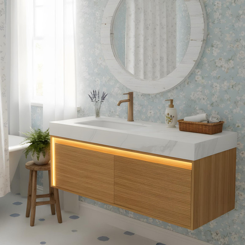 Meuble-lavabo 48 po avec lumières à tiroir à capteur de mouvement et comptoir en pierre frittée blanche