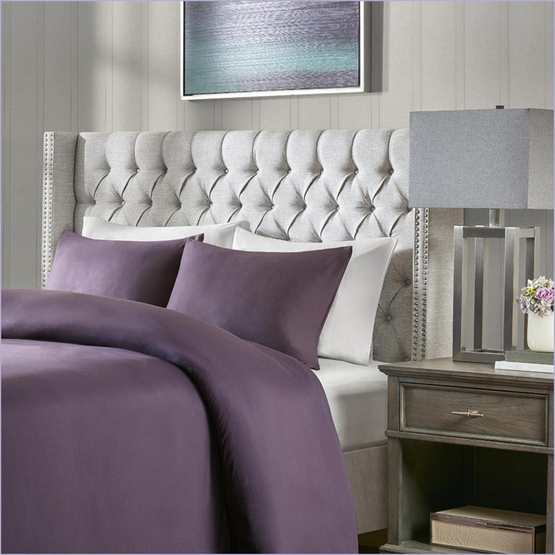 Queen Size Grey Upholstered Headboard - Adjustable Height Wingback Tufted with Wood Frame &amp; Metal Legs for Bedroom
