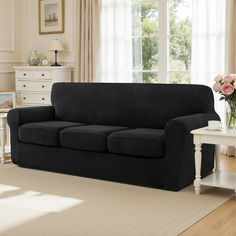 Housse de canapé en jacquard extensible 4 pièces, housse pour canapé pour 3 coussins, protecteur de meubles lavable à la machine (canapé, noir)