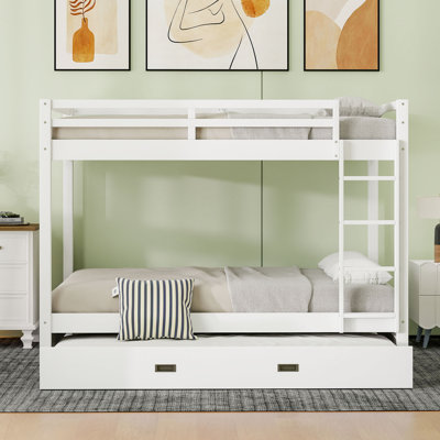  Grand lit superposé avec lit gigogne, structure en bois massif, échelle peu encombrante pour chambre d'amis, blanc