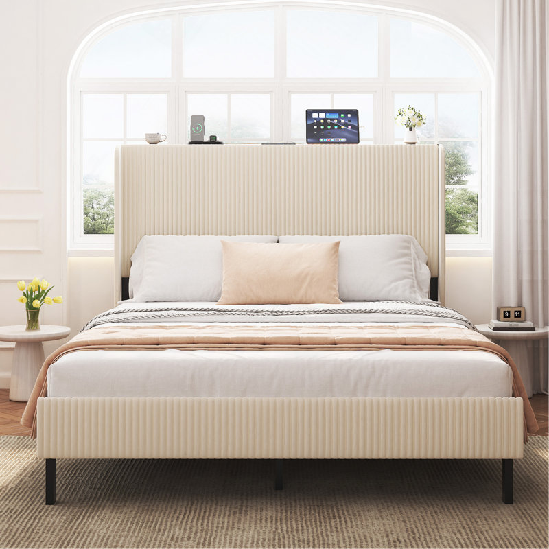 Noise Queen Metal Bed Frame With Charging In Headboard, Beige Colour, Support Framework, Fast Installation Time, No Box Spring Required Size Platform Construction, Long - Lasting Durability, Needed,