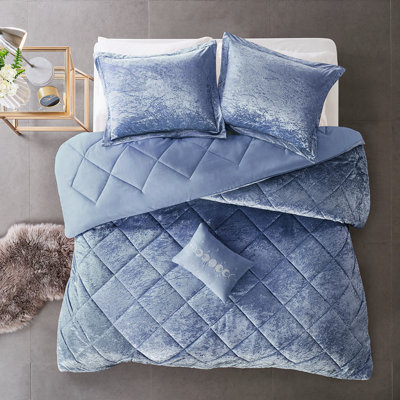 Édredon de luxe - Velours pervenche bleu avec dessus, bourre, édredon, 2 taies décoratives, 1 coussin, taie décorative lavable à la machine, décorative