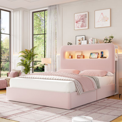 Upholstered Bed Frame, Storage Bed with LED and Charging Station