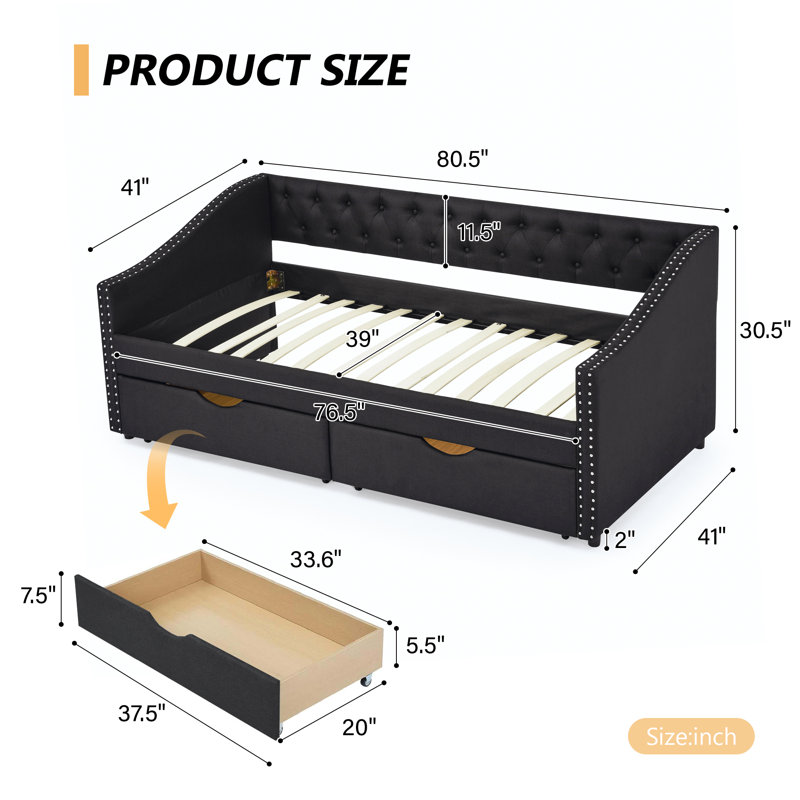Alphonse Burwell Twin Upholstered Daybed with Storage Drawers, Black, Black, Twin