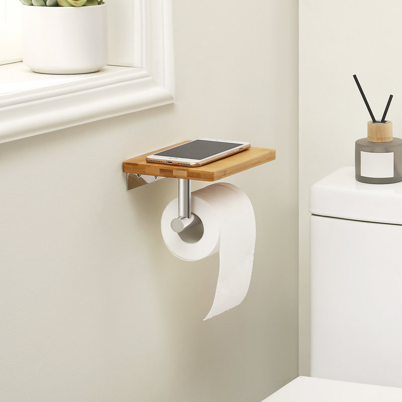Porte-papier hygiénique Kes avec tablette, porte-papier hygiénique mural en bambou, finition acier inoxydable Sus304 poli