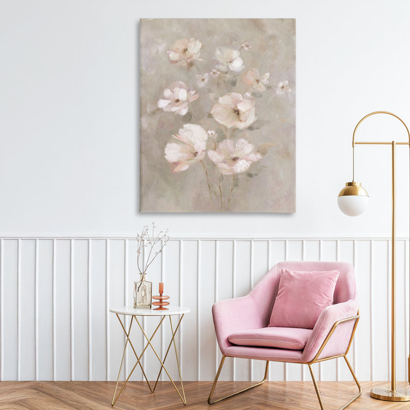 Fleurs rosées sur toile beige, design par Carol Robinson, H 30 po x l 24 po