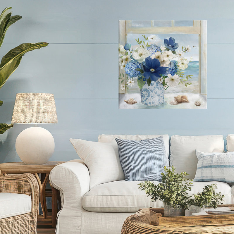 Toile d'arrangement bleu et blanc bord de mer, design par Nan, H 24 po x l 24 po