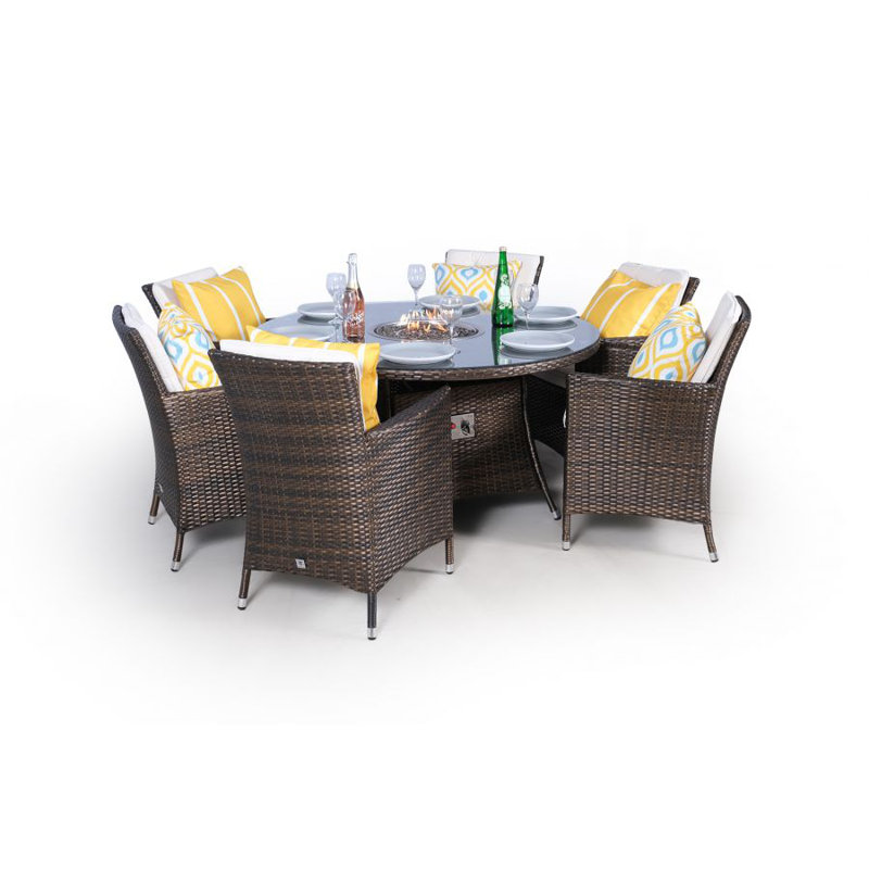 Paquette 6 - Person Wicker Patio Dining Set with Round Table , Cushions Included, Brown, Beige