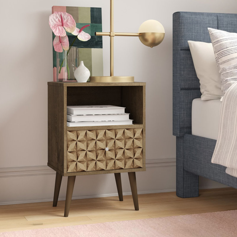 Liberty 18" W Mid-Century Modern 1-Drawer Nightstand in Rustic Brown and Natural, Rustic Brown/3D Brown Print