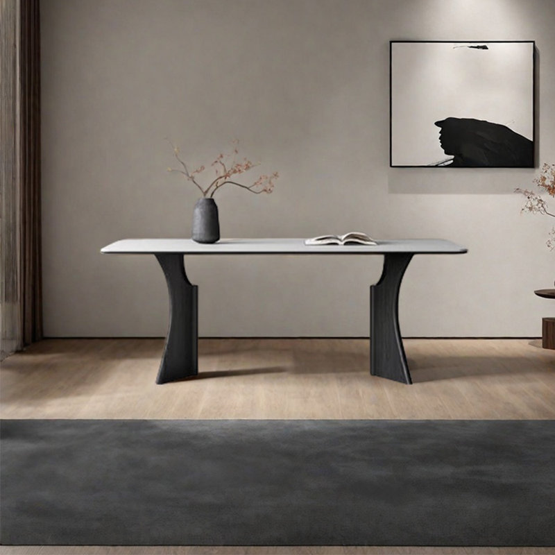 Unique sintered stone ash dining table, 29.53"H x 55.12"L x 31.5"W, White, Black