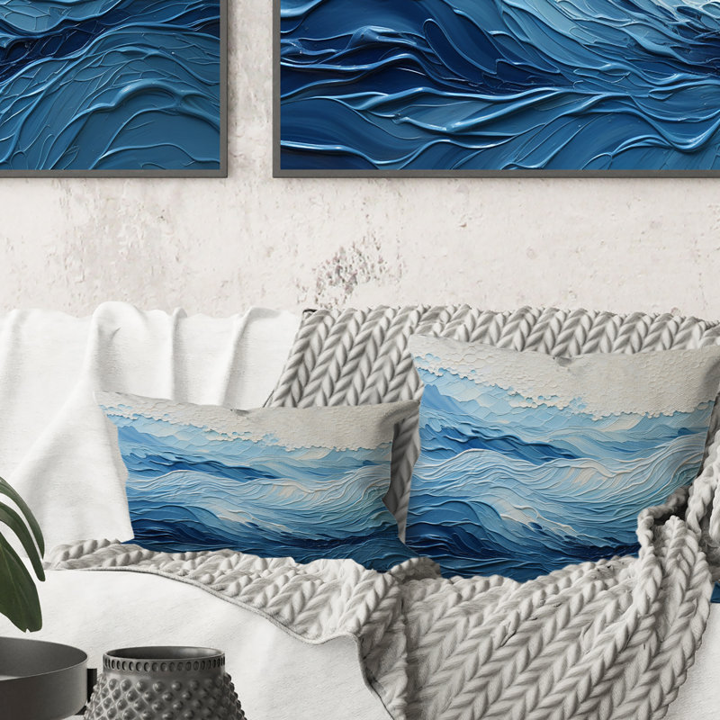 Coussin décoratif bleu et blanc Modern Waves Of The Coast I - Coastal Minimalisme