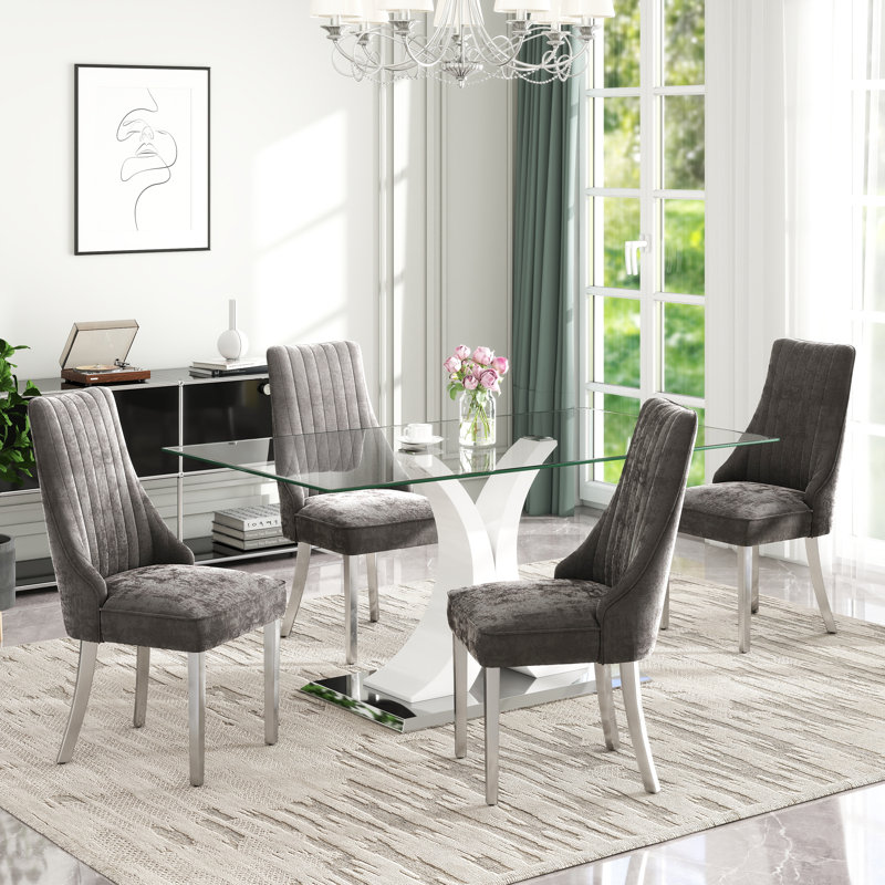 Ensemble de salle à manger moderne à piédestal rectangulaire avec chaise Chenin Dininig, 5, Gris, Blanc