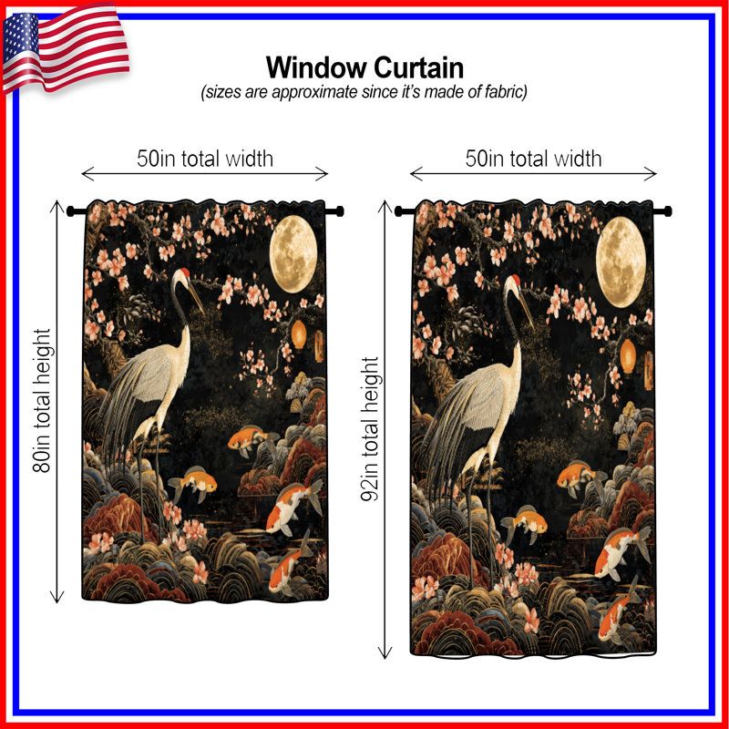 Rideaux Crane Koi Moon Cherry Blossoms, Sheer, 50" x 80" - 1 Panel
