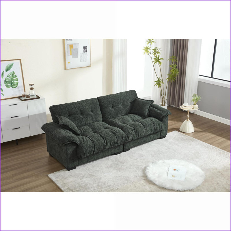 Canapés, canapé plissé moderne en chenille 3 places pour appartement / maison | Vert sauge | Chenille, Vert