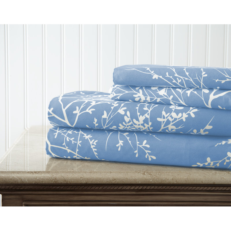 King Light Blue Microfiber Floral Print Sheet Set