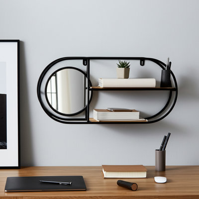 Minimalist Wooden Oval Wall Storage Shelf with Metal Frame for Home Decor - Modern Accent Wall Organizer Shelf for Bedroom Styling - Brown & Black