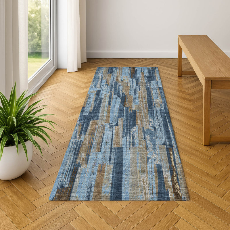 Premium Machine Washable Mayfield AMF2255 Striped Rug, 2'3" x 7'6" Runner, Navy