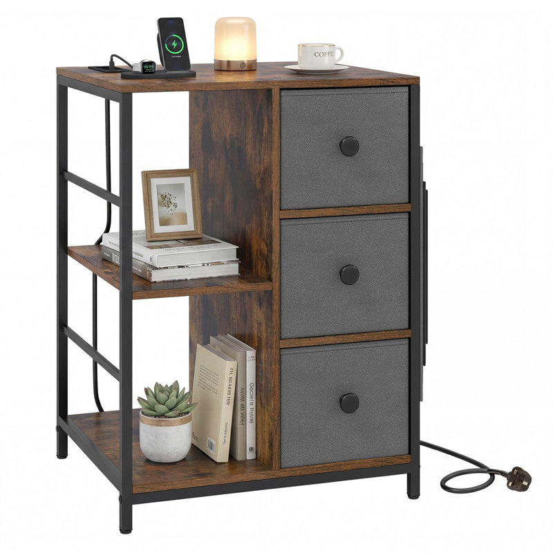 3-Tier Storage Cabinet With Built-In Charging Hub & Open Storage Shelves