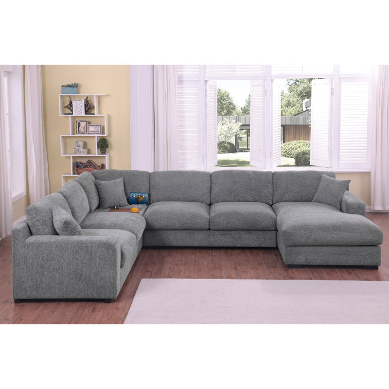 Canapé d'angle modulaire en tissu chenille de 128 po de largeur avec méridienne, porte-gobelets et ports de recharge