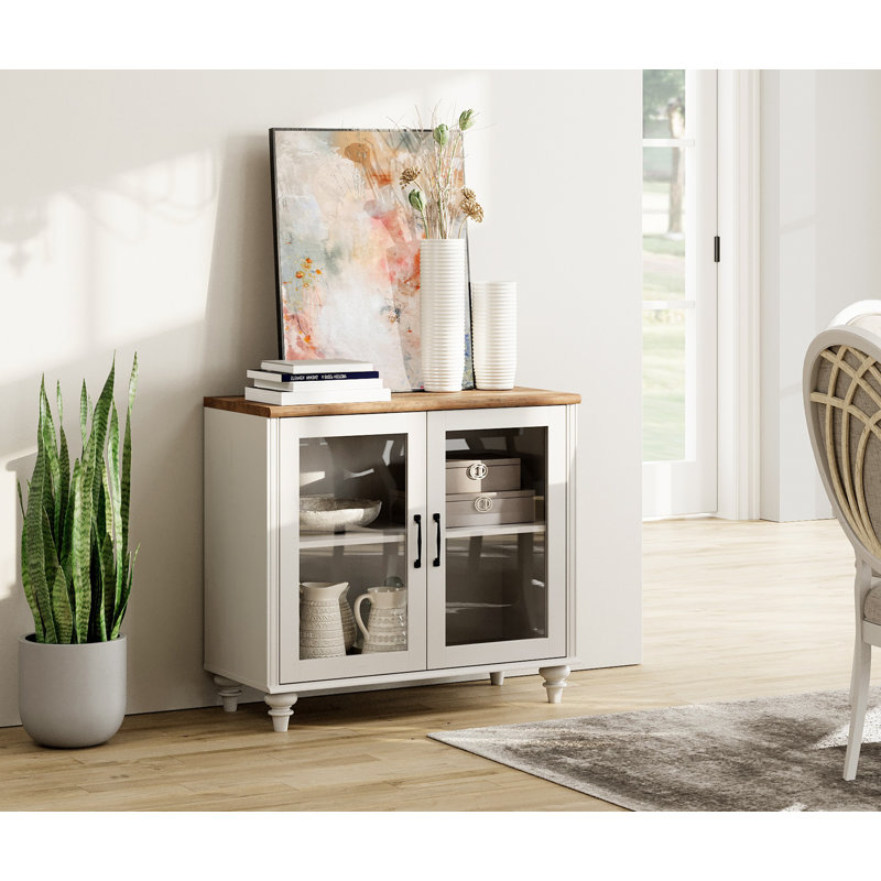 Scarlett Sideboard Cabinet With Bar Hutch, Buffet Cabinet With 2 Doors, White, Glass Door