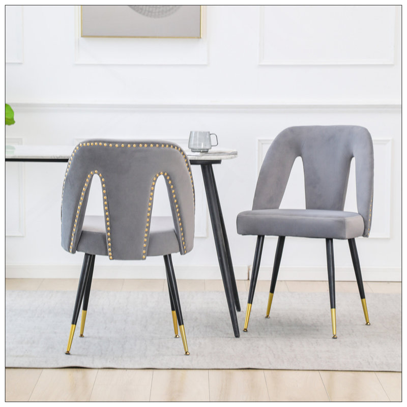Modern Velvet Upholstered Dining Chair With Nailheads And Metal Legs, Set Of 2, Gray