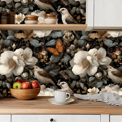 Peel and Stick Wallpaper Contact Paper Dark Floral Black Gold Leaf Bird Moody Vintage Flowers Butterflies Self Adhesive and Removable 24in x 118in(60x300cm)