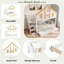 Lit superposé en bois avec escalier de rangement, lit gigogne, toit de maison et porte de fenêtre-791258927
